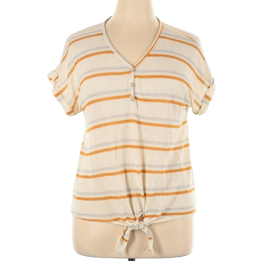 French Pastry Women's Striped Waffle Weave Tie Front Henley Top Size 2X